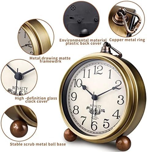 Gold Desk Alarm Clock for Bedroom Kids Modern Mantel Small Table Clock Desktop Farmhouse Tabletop Metal Battery Operated Clock for Bedside Living Room Office Silent 5.5 Inches (Arabic)