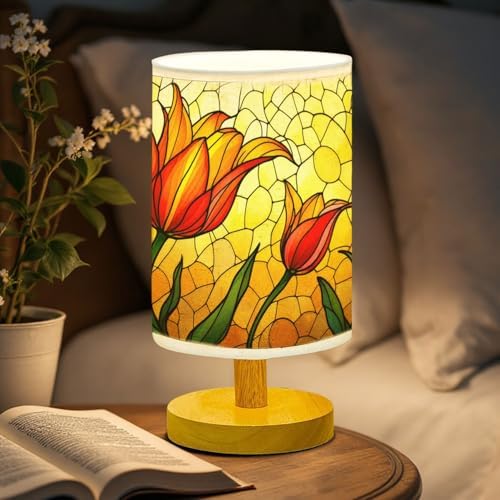 Tulip Table Lamp LED 3-Color Pressed Bedside, Tulip Shade Lamp with Wood Base for Bedroom Living Room Desk Office TL01