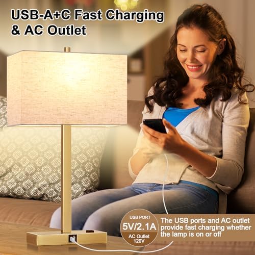 Lynnoland 21" Set of 2 Table lamp with USB A+C & AC Outlets, Touch Control 3-Way Dimmable Nightstand Lamps for Living Room Bedroom Office Reading, Linen Shade Touch Lamps, 3000K LED Bulbs Included