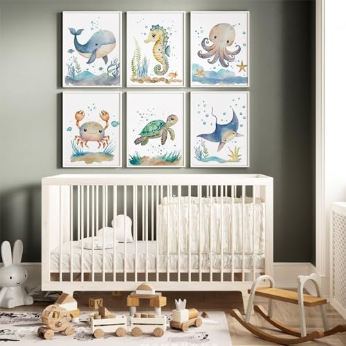Joocrise Nursery Sea Animal Wall Decor Set of 6 Ocean Watercolor Canvas Wall Art Baby Boys Room Wall Art Ocean Sea Animal Pictures Kids Girl Art Prints Nursery Artwork for Bedroom 8x10 Inch Unframed