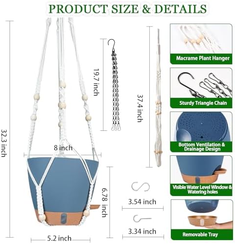 Hanging Planters for Indoor Plants 8 Inch, 2 Pack, Self Watering