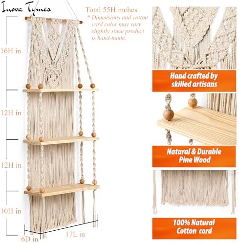 Macrame Wall Hanging Shelf 3 Tier - Boho Bedroom Decor | Macrame Wall Decor | Boho Shelf Decor, Hanging Shelves for Wall, Woven Rope Floating Wood Shelves & Storage for Small Plants