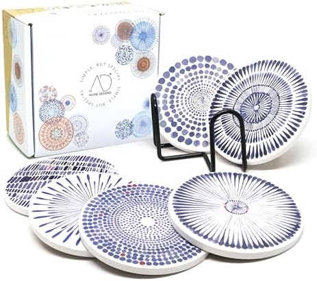 AD Set of 6 Coasters for Drinks Absorbing Round Ceramic Stone Coaster with Cork Base,Tabletop Protection Mat for Mugs and Cups,Office,Kitchen (Bloom Abstract with Holder)