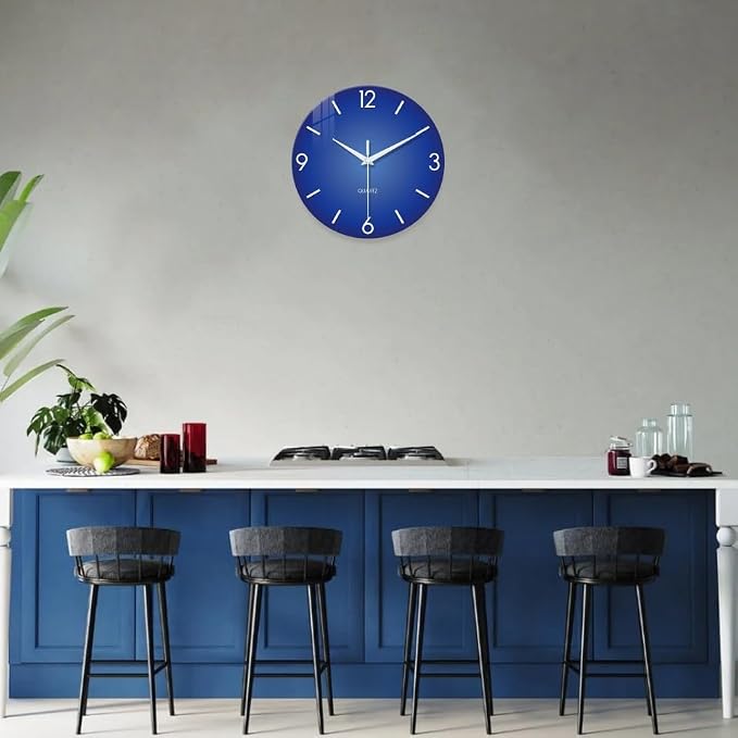 Large Blue Glass Wall Clock 20 Inch Modern | Battery Operated Silent Non Ticking Simple Minimalist Round Analog Decorative for Living Room Bedroom Kitchen