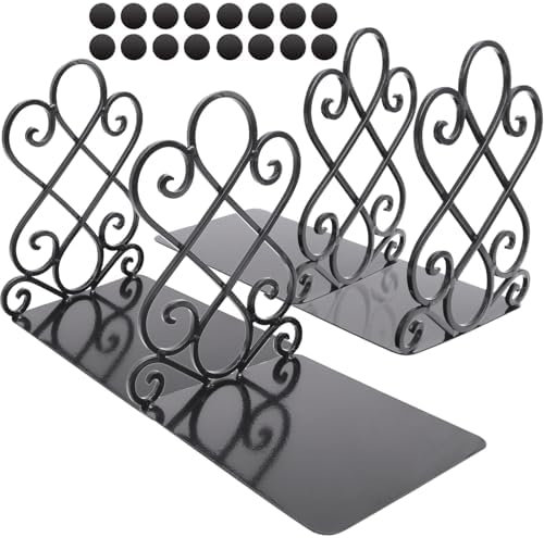 2Pairs Anwenk Vintage Bookends with Felt Pads 2.2LB Heavy Duty Bookend Holder Long Base, Luxury Art Book Stand Retro Antique Style,Non-Skid Felt Pads to Protect Bookshelf Bookcase-Black