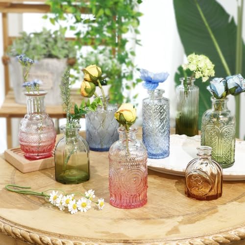 CUCUMI 12pcs Bud Vases for Centerpieces, Colorful Vintage Glass Vase Set | Small Colored Vintage Vases for Centerpieces, Decorative Flower Vases for Wedding Home Table Decor(Amber, Blue, Green, Pink)