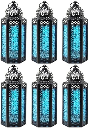 Vela Lanterns Decorative Indoor Moroccan Candle Holder, Blue, M, 6-Pack