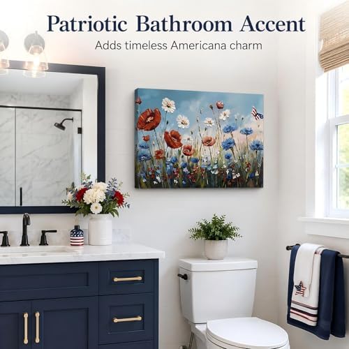 Patriotic Red White Blue Wildflower Wall Art, 4th of July Floral Canvas Prints, Framed Independence Day Wall Decor, American Flag Butterfly Artwork for Bedroom Office, Made in USA
