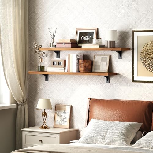HOOBRO Floating Shelves for Wall, 31.5" Wall Mounted Shelves Set of 2, Hanging Storage Shelf with Metal Brackets, Wooden Shelf for Living Room, Bedroom, Bathroom, Rustic Brown and Black BF82BJP201G1