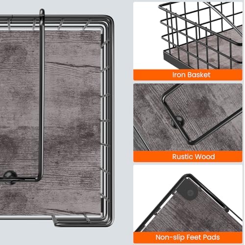 Homode Farmhouse Napkin Holder, Wooden Napkin Holders for Paper Napkins, Square Kitchen Napkin Dispenser for Tables, Flat Napkin Basket with Weighted Arm, Rustic Gray
