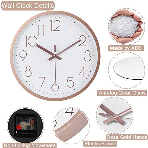 12 Inch Modern Wall Clock, Silent Non-Ticking Decorative Battery Operated Wall Clocks for Living Room, Office, Bathroom, Kitchen, Thicken Plastics Frame Glass Cover (Rose Gold)
