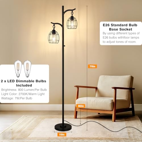 9MMML Floor Lamp for Living Room, Farmhouse Industrial Dimmable Floor Lamps with 2 Hanging Teardrop Cage, Vintage 67'' Tall Black Tree Standing Lamp for Bedroom Office, 2 x 800LM LED Bulbs Included