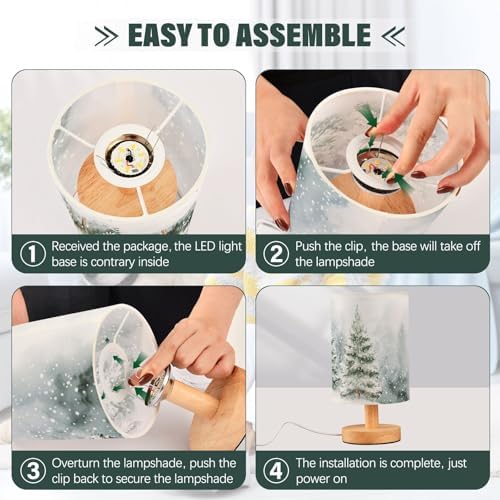 Farmhouse Christmas Trees Snowy Winter Bedside Table Lamps with USB Port for Bedroom Lamp Accent Table Lamp Small Nightstand Lamp Sturdy Linen Shade Wooden Decorative Lamps for Home|Kids|Holiday