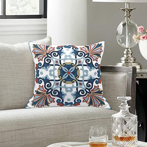 Alysheer Embroidered Decorative Throw Pillow Cover 18 x 18 inch, Boho Vintage Farmhouse Cottage Floral Embroidery Knit Pattern, 100% Cotton Cushion Case for Sofa Couch Living Room (Navy Blue)