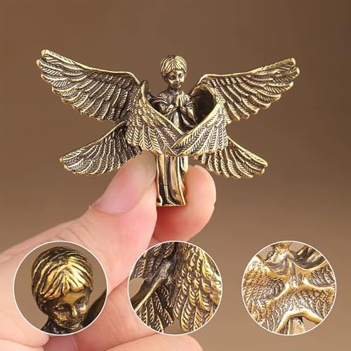 Copper Praying Baby Angel Figurine Statue Cute Memorial Six Wings Cherubs Sculpture Portable Mini Size Home Decorations Office Desk Decor Ornament Gift for Lover Kids Boy Girl Friends