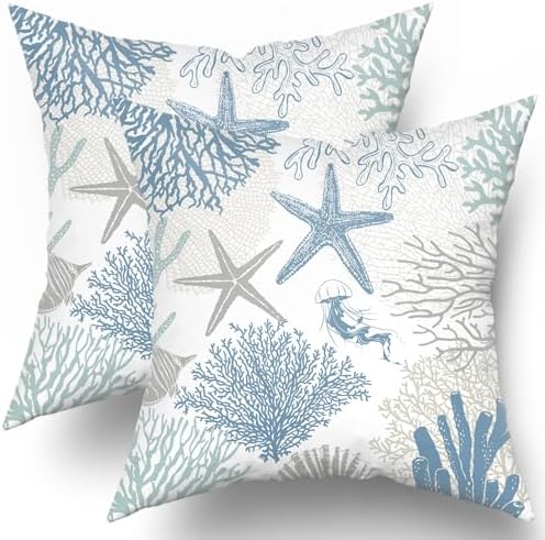 Coastal Nautical Throw Pillow Cover 24x24 inch Set of 2 Beach Themed Sea Coral Nautical Blue Pillowcases Ocean Summer Cotton Cushion Covers for Bed Sofa Room Decor