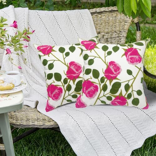 Alysheer Floral Embroidered Farmhouse Decorative Throw Pillow Cover 18"x 18" Set of 2, Cottage Hot Pink Flowers Green Leaves Embroidery Pattern, Cotton Canvas Cushion Case for Sofa Couch Bedroom