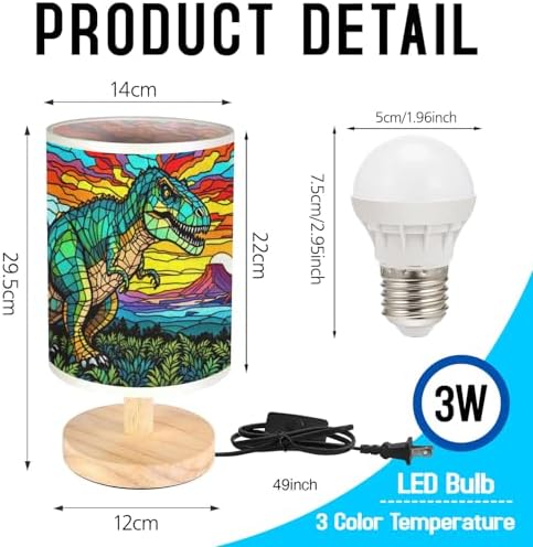 Dinosaurus Table Lamp LED 3-Color Pressed Bedside, Dinosaur Shade Lamp with Wood Base for Bedroom Living Room Desk Office TL01