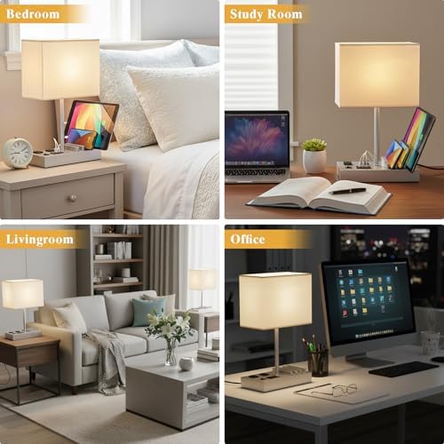Briever USB Table Lamp, Multi-Functional Desk Lamp with 2 AC Outlets, Bedside Lamp with 3 USB Charging Ports and Wooden Phone Stands, Nightstand Lamp for Bedroom, Livingroom, Office, Silver Woodgrain