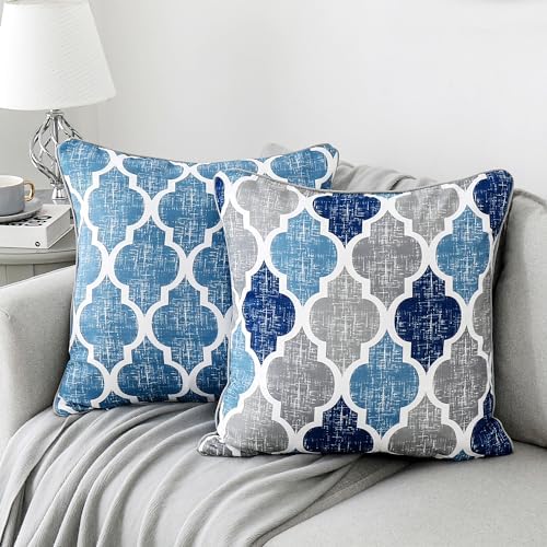 Beauoop Throw Pillow Covers 18x18 for Couch Sofa Moroccan Blue Gray 2 Sets