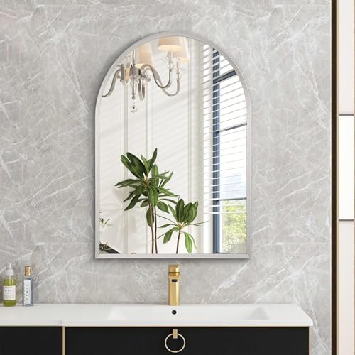 Arched Wall Mirror, 26"x18" Silver Arch Mirror, Metal Frame Bathroom Mirrors, Arched Vanity Mirror for Living Room Bedroom Mantel Entryway