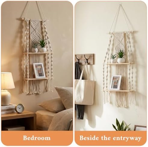 2 Packs Macrame Wall Hanging Shelf 2 Tier Handmade Boho Hanging Wall Shelf Floating Woven Rope Decorative Storage Racks Holder Organizer for Home Bedroom Bathroom Plants, Beige