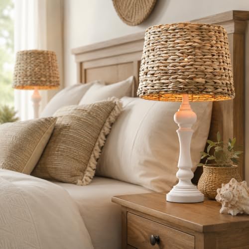 Maxax 26" Boho Rattan Table Lamps Set of 2 for Living Room, Coastal Bedside Lamps with Rattan Shade, Farmhouse Cottage Wicker Lamps, Rustic Resin Nightstand Lamps for Bedroom, White