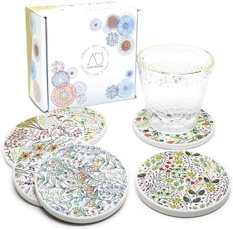 AD Set of 6 Coasters for Drinks Absorbing Round Ceramic Stone Coaster with Cork Base,Tabletop Protection Mat for Mugs and Cups,Office,Kitchen (Bontanicals)