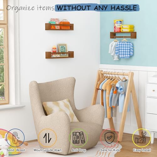 Harwaya Walnut Brown Nursery Book Shelves Wall Mounted, Wooden Floating Bookshelf for Kids Room Bedroom, Dark Wood Nursery Bookshelves for Kitchen Classroom Playroom (Solid Pine, 3-Pack)