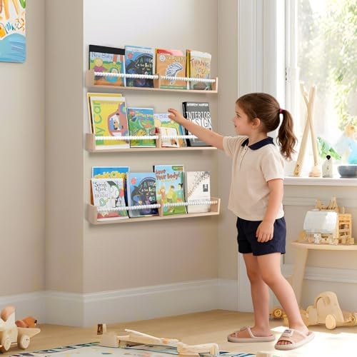 birola Nursery Bookshelf,Set of 3 White Wood Floating Bookshelf for Kids,Nursery Shelves for Wall,Bathroom Decor, Kitchen Spice Rack (White 3)