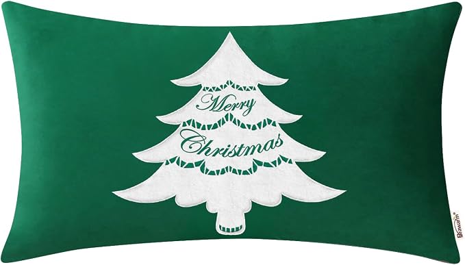 BRAWARM Christmas Pillow Cover 12 X 20 Inches, Christmas Green Christmas Tree Embroidered Lumbar Pillow Cover, Soft Velvet Decorative Throw Pillow for Couch Bed Sofa Living Room Home