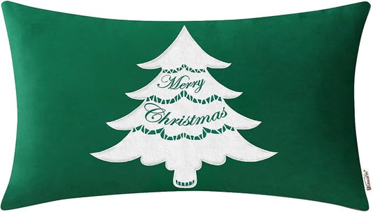 BRAWARM Christmas Pillow Cover 12 X 20 Inches, Christmas Green Christmas Tree Embroidered Lumbar Pillow Cover, Soft Velvet Decorative Throw Pillow for Couch Bed Sofa Living Room Home