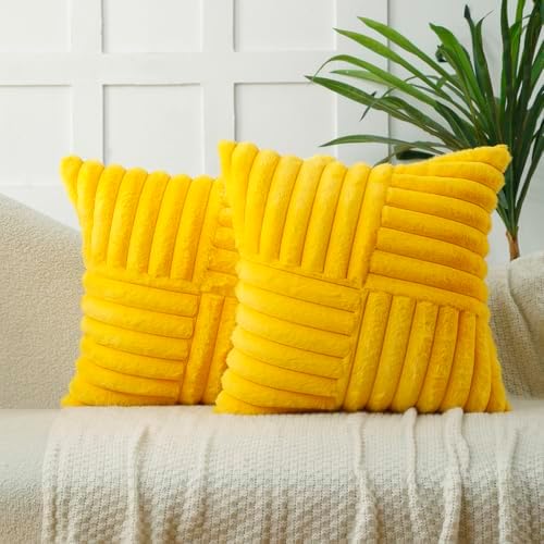 All Smiles Yellow Faux Fur Decorative Throw Pillow Covers 20x20 Set of 2