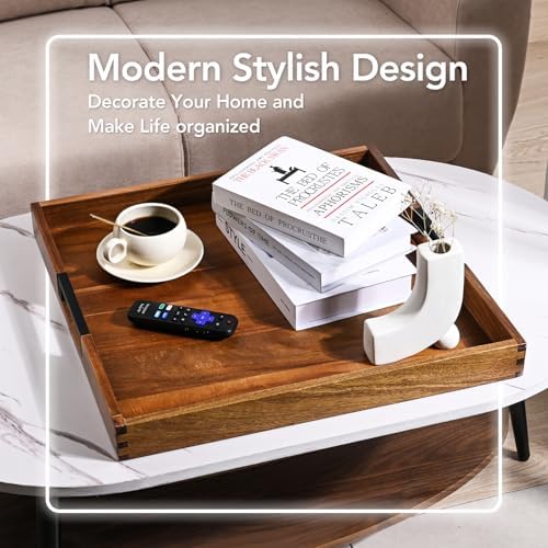 Large Square Ottoman Tray for Living Room and Coffee Table, Decorative Acacia Wood Serving Tray with Metal Handles for Breakfast in Bed, Dinner Food Kitchen TV (Natural, 20" x 20" x 2")