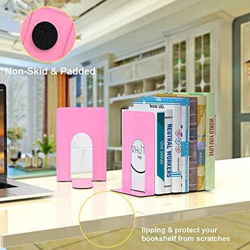 Optomni Bookends, Book End Supports Heavy Duty Metal Bookend Support, Book Ends Supports for Shelves Decor Home Office School (2 Pairs/4 Pieces, Pink)