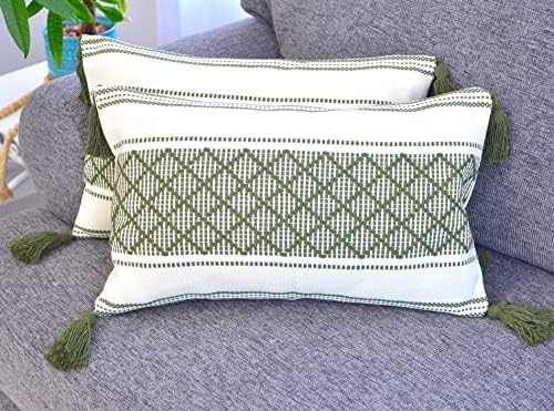 Boho Lumbar Pillow Covers with Tassels Olive Green, 12x20 inch -Set of 2 / Decorative Small Rectangle Cushion Covers for Couch Sofa Indoor Outdoor / Farmhouse Woven Pillow Cases/ Accent Cushion Covers