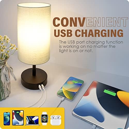 Yarra-Decor Bedside Lamp with USB Port - Touch Control Table Lamp for Bedroom 3 Way Dimmable Nightstand Lamp with Round Grey Fabric Shade for Living Room, Dorm, Home Office (LED Bulb Included)