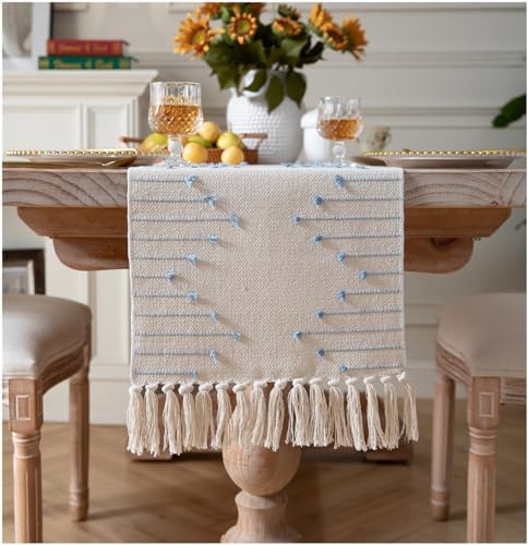 Boho Table Runner 13 x 108 Inch Long Natural Cotton Woven Runner with Tassels for Home Dining Table décor, for Modern Farmhouse Decor Coffee Table Runner, Light Blue and Beige
