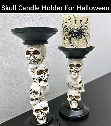 Pillar Candle Holder for Halloween Decoration Indoor, Skull Candlestick Holder, Skeleton Candlestick Holder Spooky Decor Black Taper Candle Holders