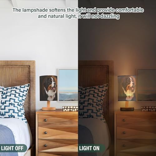 Cute Bernese Mountain Dog Table Lamp with Wood Base Fabric Lamp Shade Bedside Nightstand Desk Lamp for Living Room Bedroom Kids Room Office