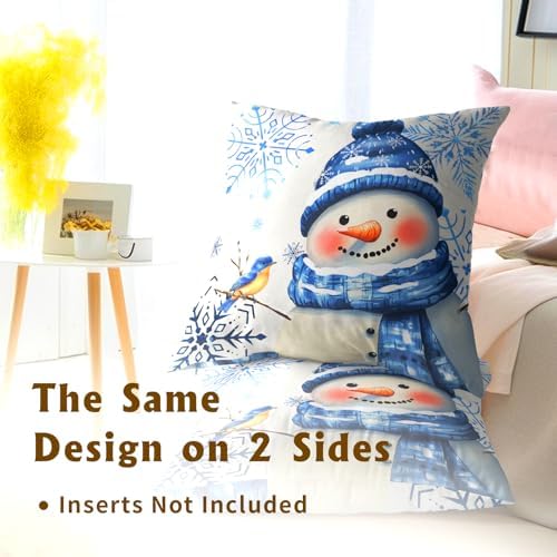 Winter Snowman Throw Pillow Covers 20x20 inch Set of 2 Christma Snowman Blue Snowflakes Bird Decorative Pillowcase Xmas Holiday Cushion Cover for Home Sofa Patio
