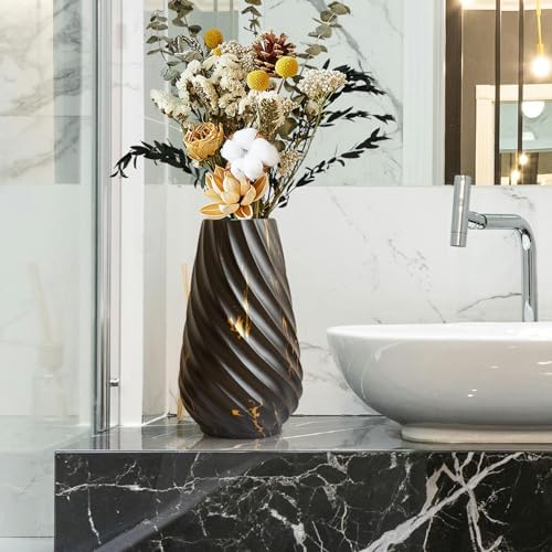 10 inch Tall Ribbed Ceramic Vase for Flowers,Boho Vases for Pampas Grass,Fluted vase,Simple Modern Decorative Vase for Home Decor Table Centerpieces (Black,Gold Marble)