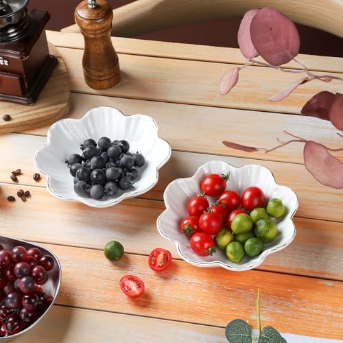 VanEnjoy 2 Pcs 6 Inch Ceramic Candy Dish - White Decorative Bowl With Golden Flower Rim for Office, Wedding, Party, Home - Porcelain Serving Bowl for Snacks, Fruit