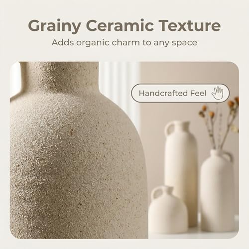 Flower Vase Set of 3, Ceramic Home Decor for Living Room - Modern Rustic Farmhouse Centerpiece for Table, Shelf & Bedroom - Decorative Vases for Office, Bathroom, Dining Desk