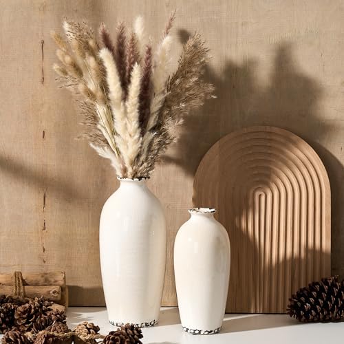 PORCER Ceramic Vases for Home Decor, Ice Crackle Aged White Vintage Ceramic Vase Set of 2, Minimalist Decorative Vase for Table Centerpiece Dining Living Room Office Nightstand Fireplace Decoration
