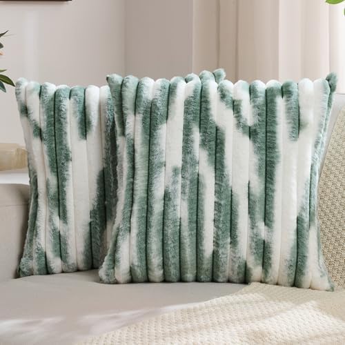 FUTEI Pack of 2 Faux Fur Throw Pillow Covers 26x26 Inch, Dark Green White