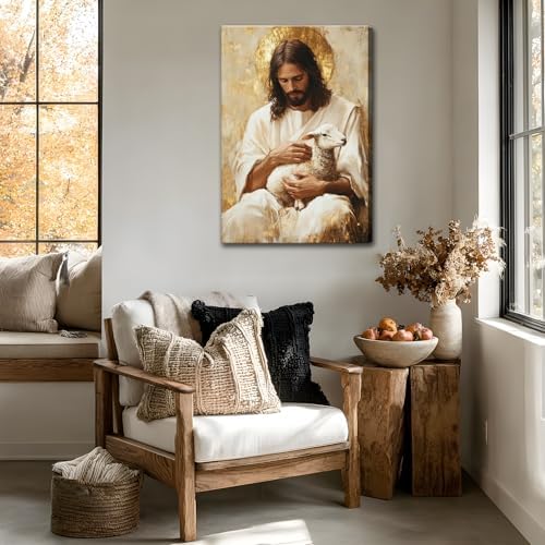Jesus and Lamb Canvas Wall Art Jesus Saves the Lost Lamb Pictures Wall Decor God Leaving 99 Sheep Poster Prints Christian Religious Painting Artwork for Living Room Bedroom Church 12x16 Inch