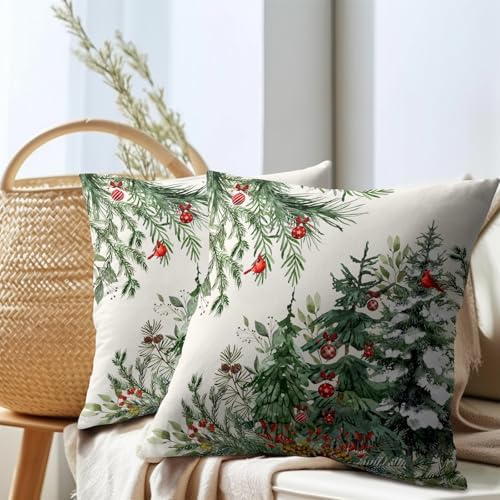 Green Christmas Tree Throw Pillow Covers 24x24 Inch Set of 2 Winter Pine Trees Red Berry Bells Birds Decorative Pillowcase Xmas Holiday Cotton Linen Cushion Cover for Home Sofa Couch Patio
