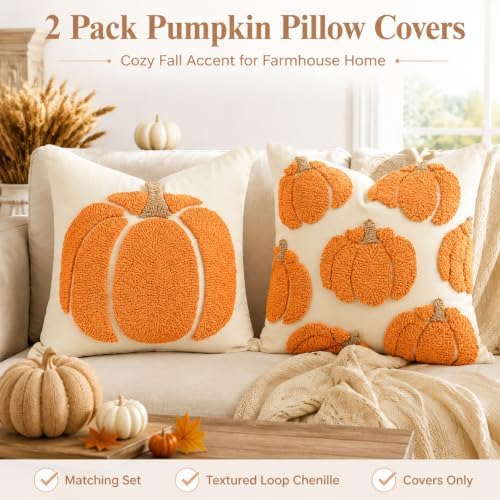 GEEORY Fall Pumpkin Pillow Covers Set of 2, Orange Tufted 20x20