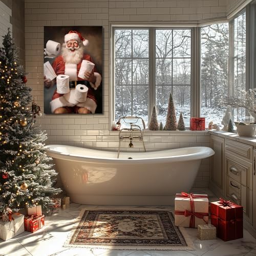 FLZYKGPA Funny Christmas Santa Bathroom Wall Art Prints 8x12in, Winter Christmas Santa Claus Posters Pictures Wall Decor for Shower Room Bathroom Washroom, Framed Ready to Hang